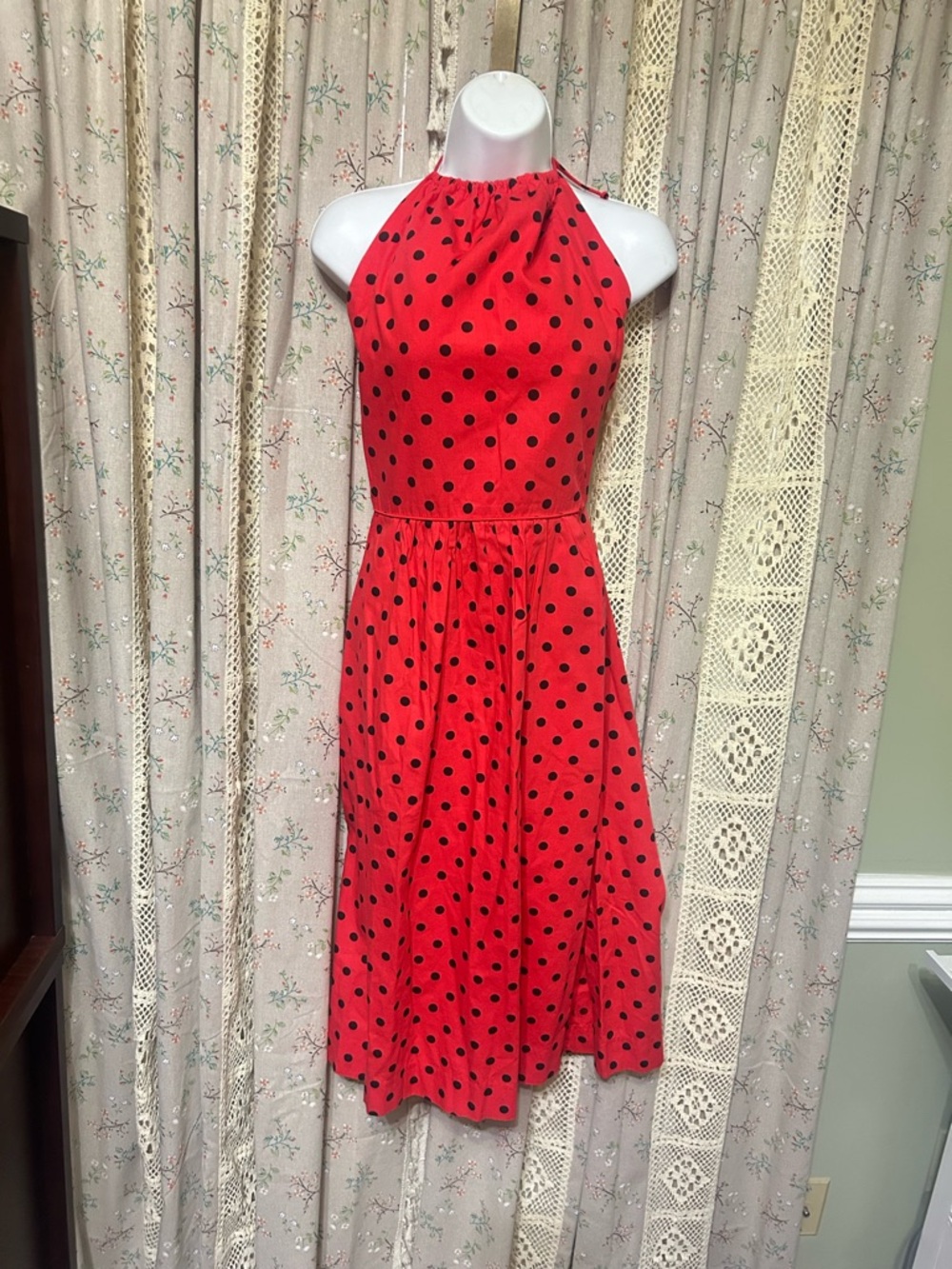 Vintage Red Polka Dot Halter Cirette Dress Open Back XS Pockets Built In Bra